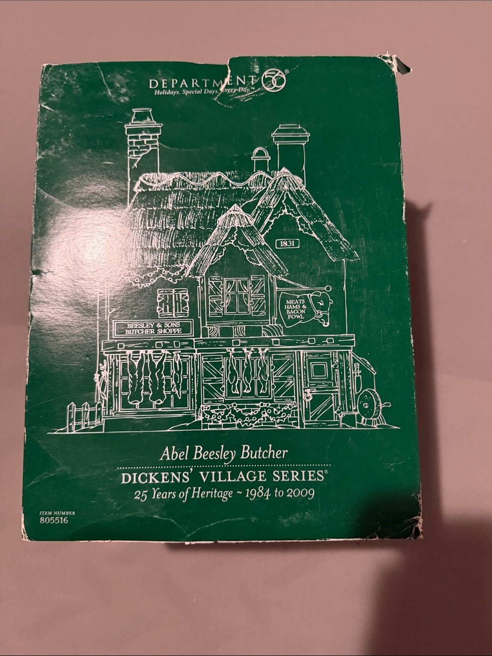 Department 56 Green and White Dickens' Village Abel Beesley Butcher Box Art